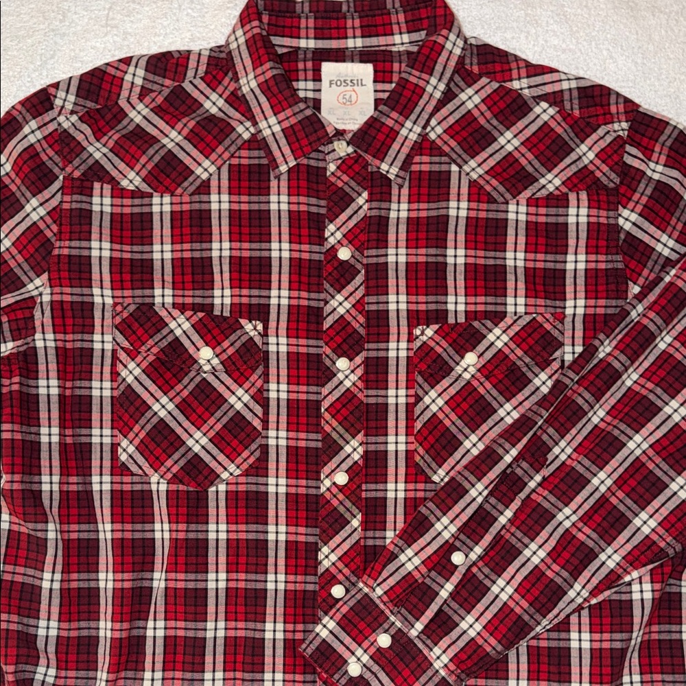 Fossil 54 Vintage Fit Plaid Button Down Pearl Snap Shirt Western Work Streetwear